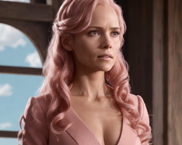 Woman with Pink Hair in Elegant Dress by Windows