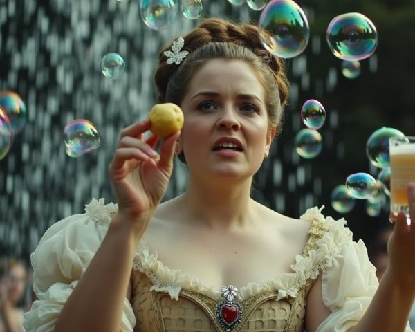 Woman in historical gown surrounded by bubbles and crowd
