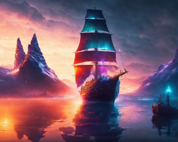 Majestic sailing ship on serene misty sea at sunset