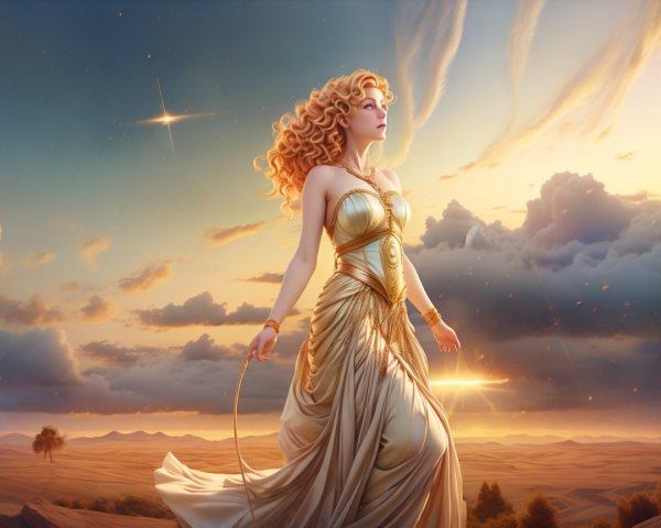 Majestic Woman in Gold Dress Against Dramatic Sky