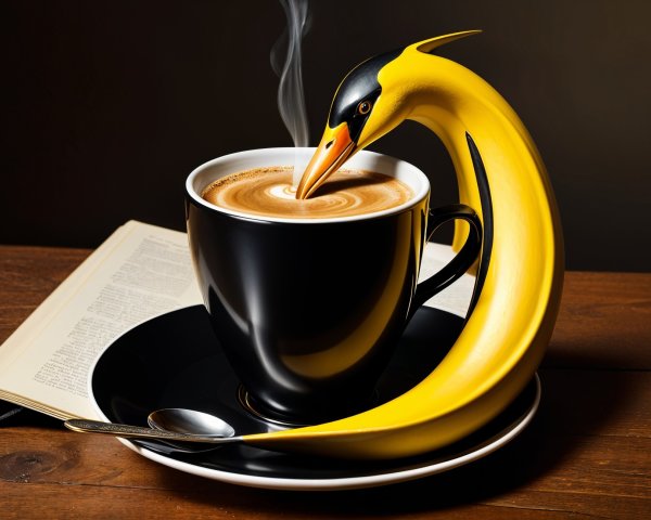 Whimsical Coffee Cup Scene with Yellow Bird Design