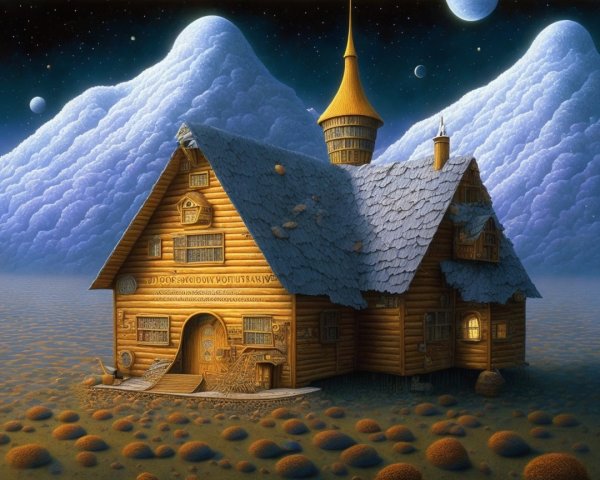 Whimsical Wooden House in Surreal Landscape Setting