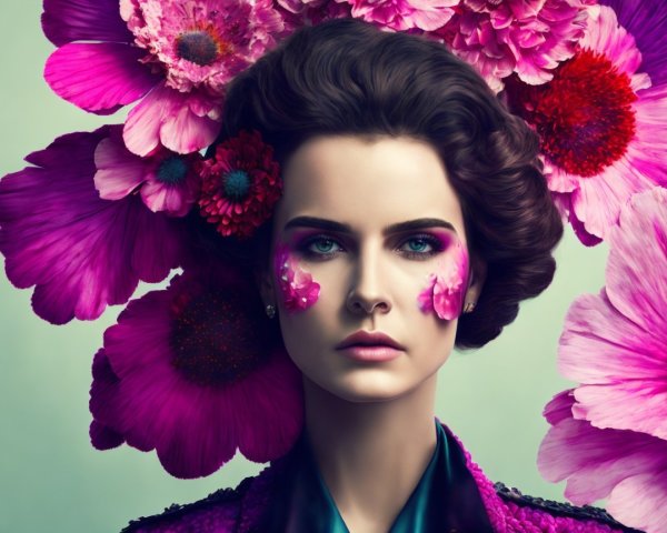 Portrait of a Woman with Dramatic Makeup and Flowers