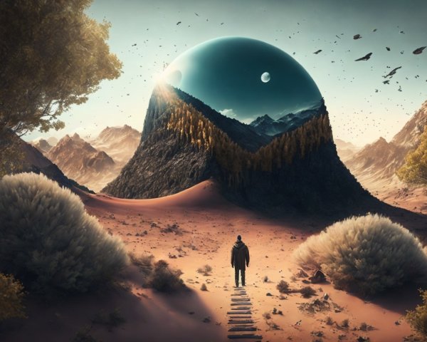 Surreal Landscape with Figure and Reflective Mountain Dome
