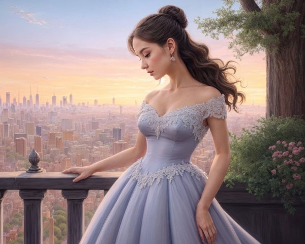 Young woman in elegant gown on balcony at sunset