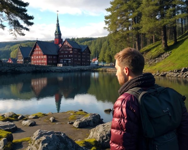 Man on Rocky Terrain by Serene Lake and Building