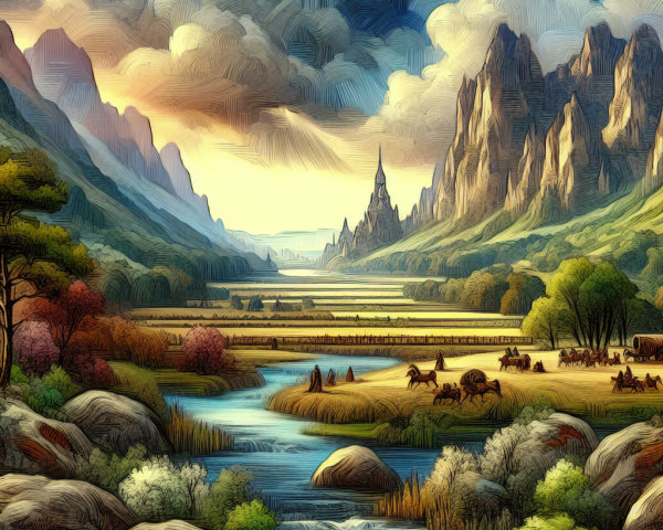 Serene Landscape with Hills, Mountains, and River