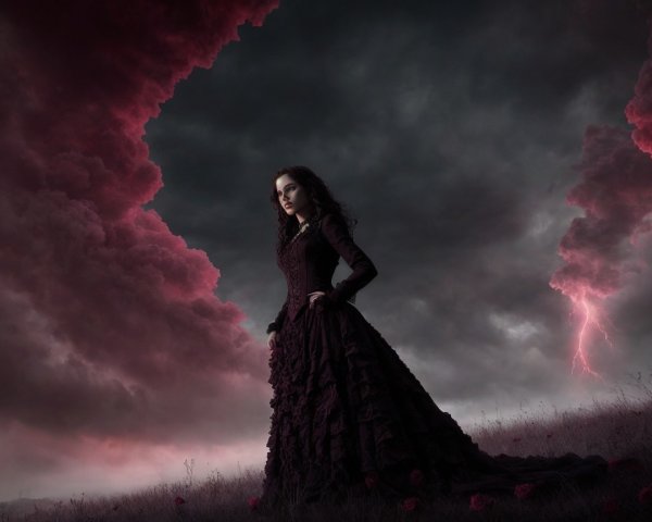 Woman in dark gown amid dramatic landscape and roses