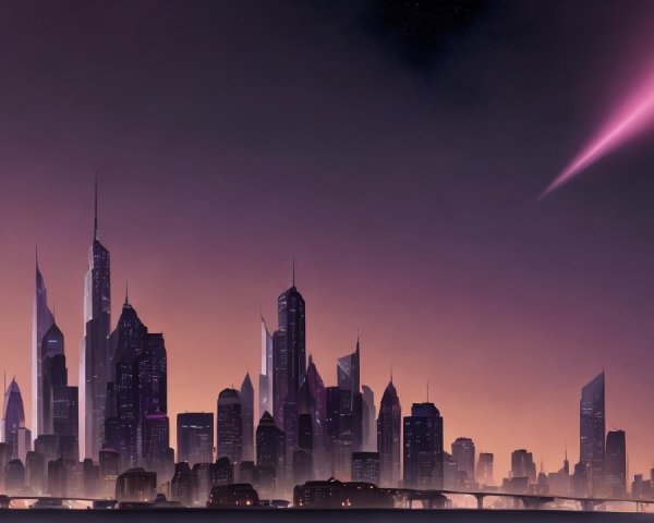Futuristic city skyline at twilight with vibrant colors