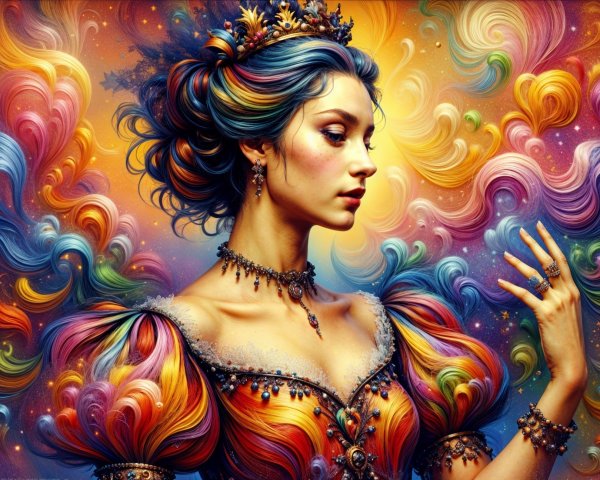 Fantastical woman in colorful gown with swirling patterns