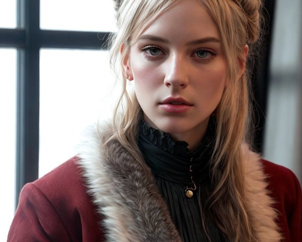 Sophisticated Young Woman in Vintage Burgundy Coat