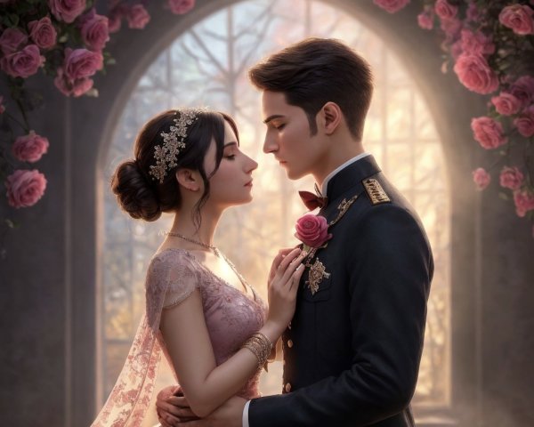 Romantic Embrace of a Couple in Blooming Roses