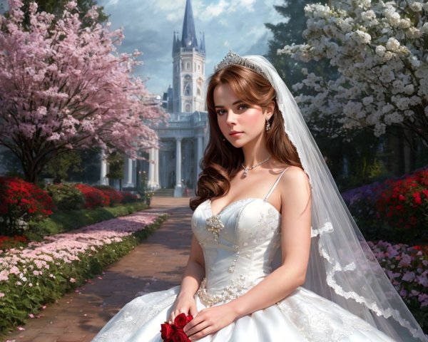 Bride in Elegant Gown Amidst Lush Garden and Castle