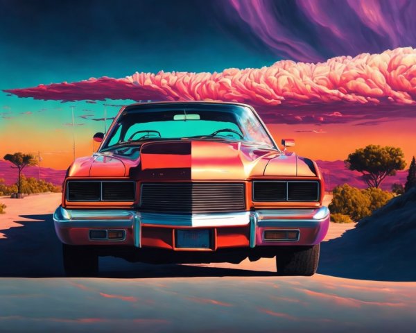 Vibrant Retro Car in Surreal Desert Landscape