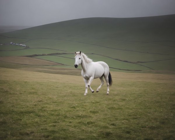 White Horse Galloping in a Green Meadow Landscape