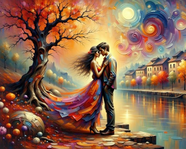 Couple Embracing in Dreamlike Autumn Landscape