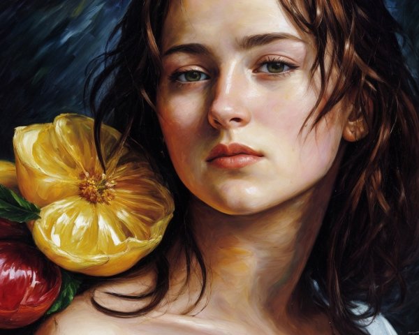 Young woman with fruits in serene, vibrant setting