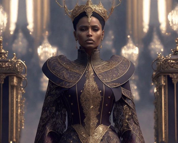 Regal Black Queen in Dark Purple Gown and Crown