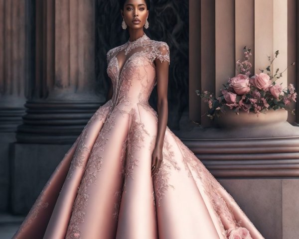 Elegant Blush Gown with Lace Detailing and Columns