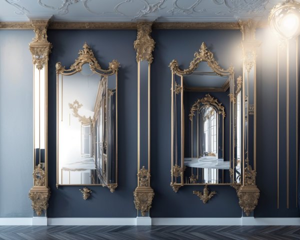 Elegant interior with ornate gold-framed mirrors