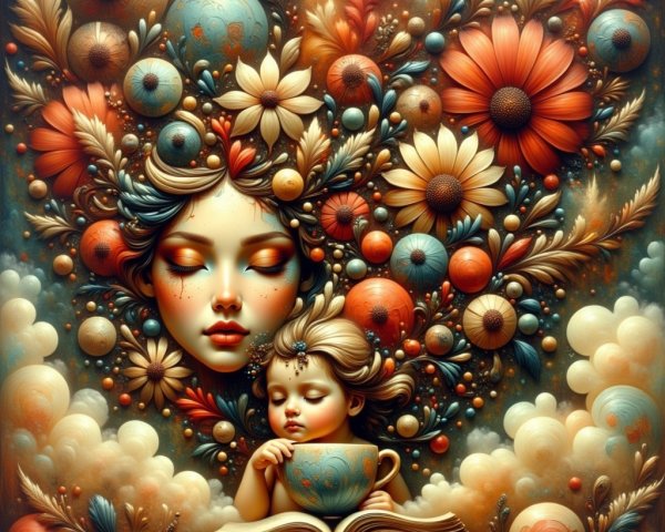 Ethereal Woman and Child Amidst Floral Elements