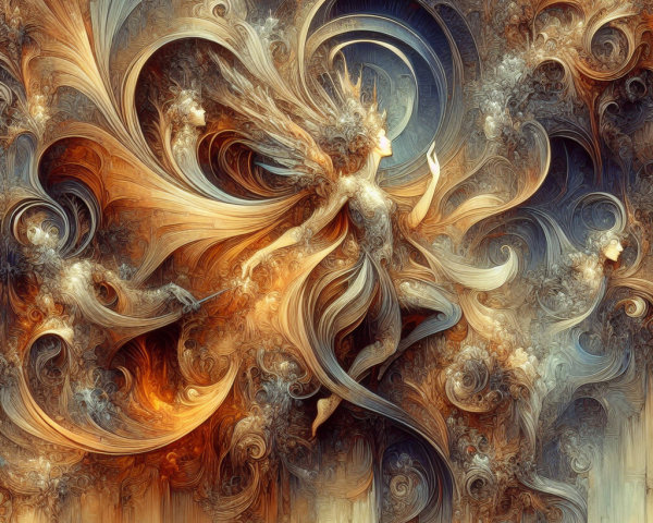 Ethereal Figure in Dreamlike Dance with Fractal Background