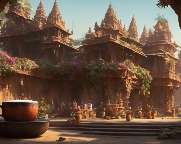 Ancient Temple Complex with Coffee and Lush Surroundings