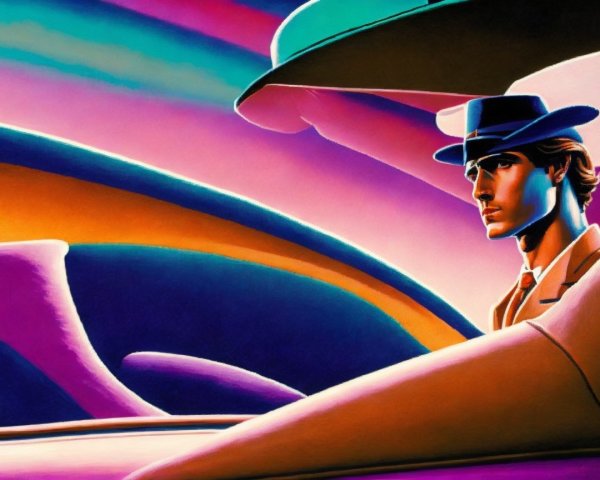 Stylized figure in suit against vibrant abstract background