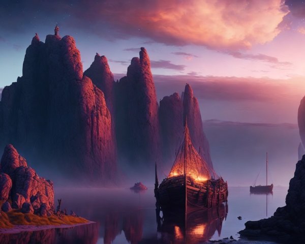 Twilight Scene with Ancient Ship and Cliffs