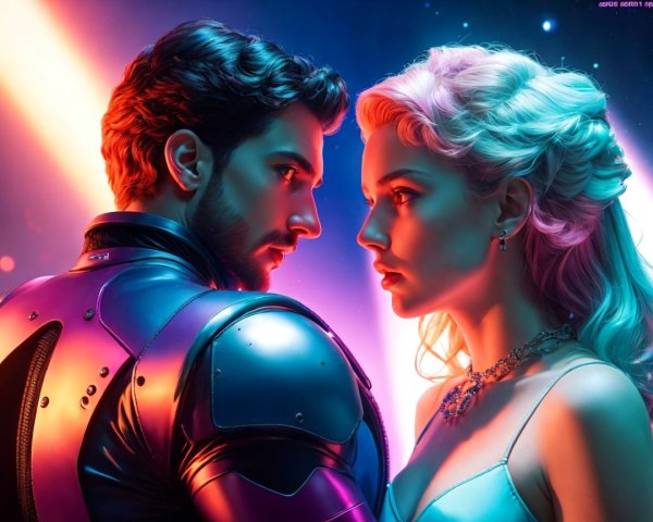 Futuristic Scene with Metallic Suit and Cosmic Backdrop