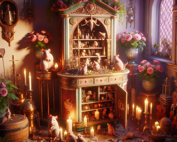 Whimsical Room with Ornate Cabinet and Playful Mice