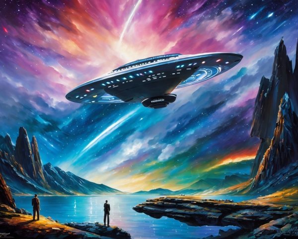 Vibrant Cosmic Landscape with Spaceship and Figures