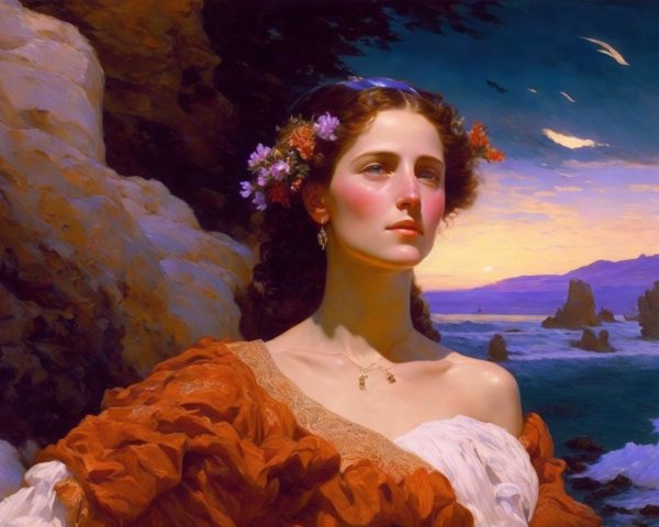 Portrait of a Young Woman with Floral Hair Accessories
