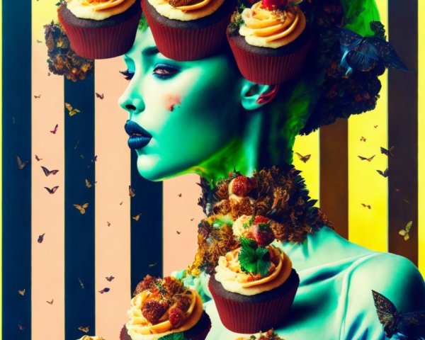 Surreal Portrait with Green Figure and Cupcake Crown