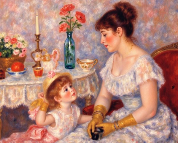 Mother and Daughter in Elegant Room with Flowers