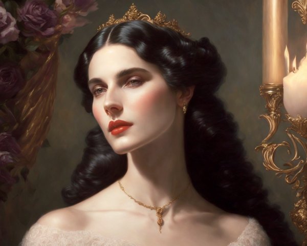 Regal woman in elegant gown with romantic backdrop