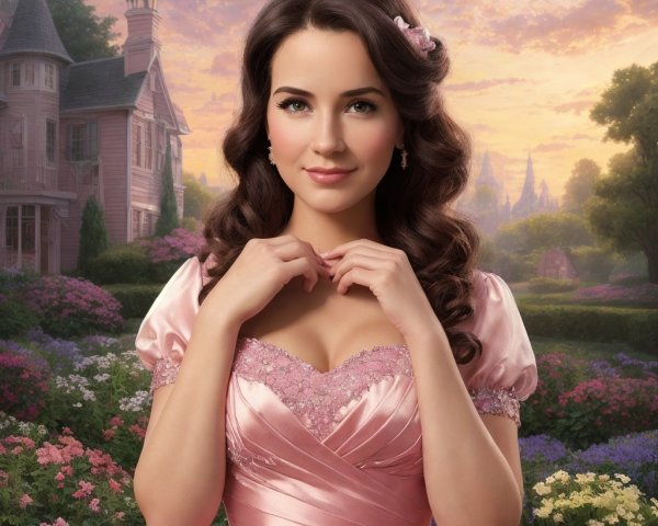 Young woman in pink gown in a floral garden setting
