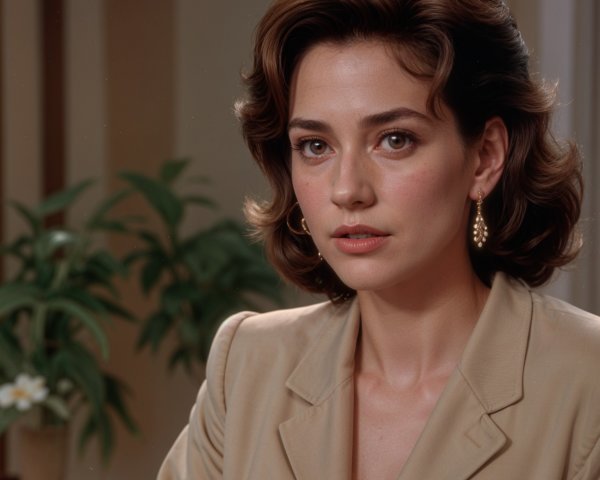 Woman in beige blazer with wavy brown hair in light room