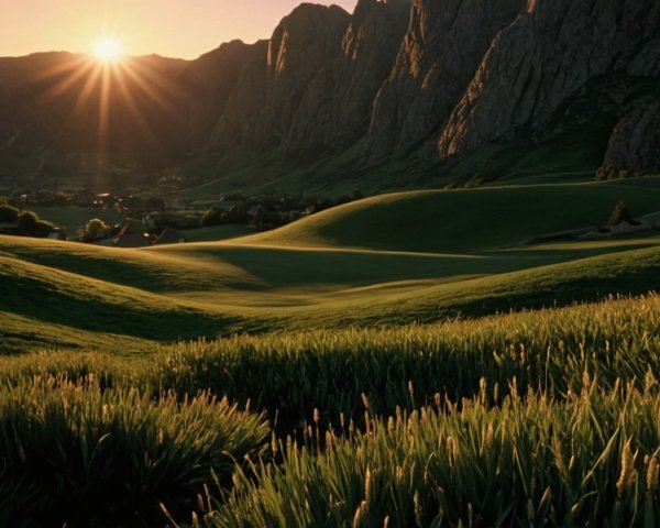 Serene Landscape with Rising Sun and Rolling Hills