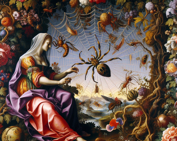 Woman in Gown with Spider and Lush Nature Elements