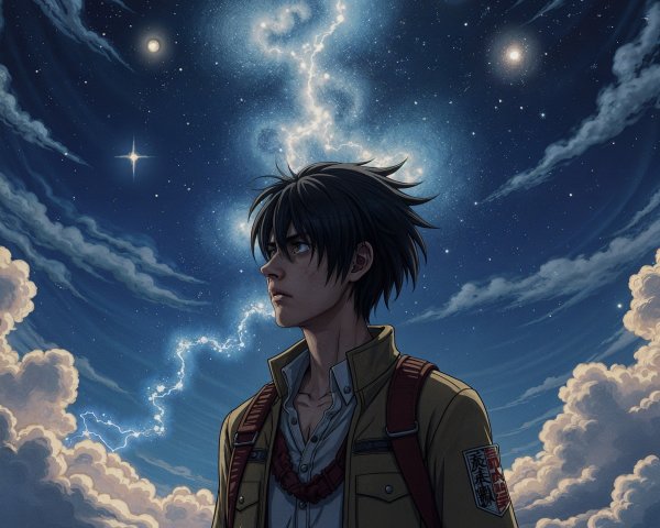 Young man in beige jacket under dramatic night sky