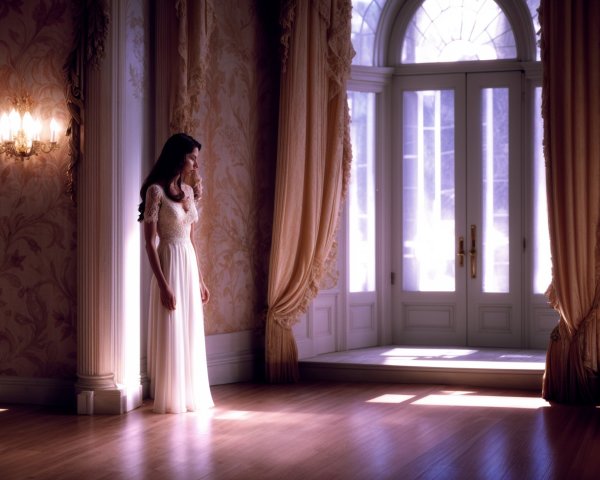 Woman in White Gown by Grand Window in Elegant Room