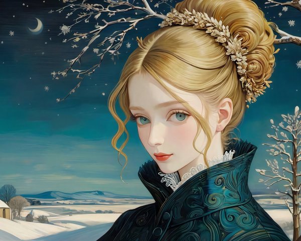 Blonde Girl in Blue Coat Amidst Snowy Night Landscape