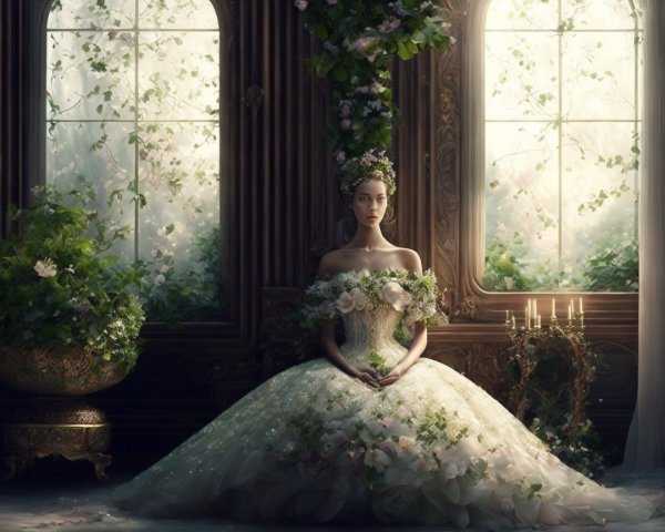 Graceful figure in a lavish room with floral decor