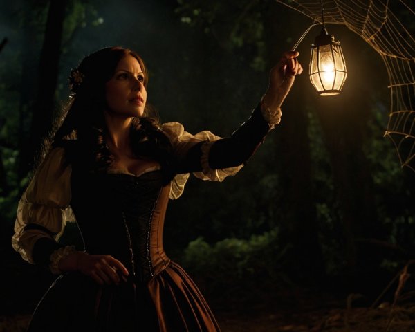 Woman with Lantern in Dark Forest and Spider Web
