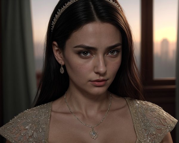 Portrait of a woman in a jeweled headband and gown