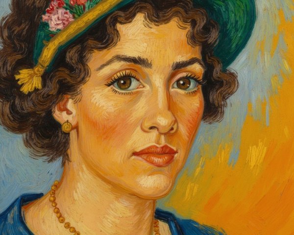 Oil Painting of Woman with Curly Hair and Teal Hat