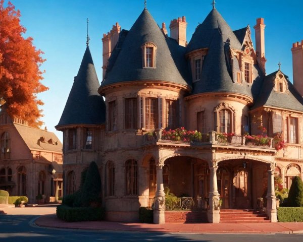 Victorian-style mansion with ornate architecture and gardens
