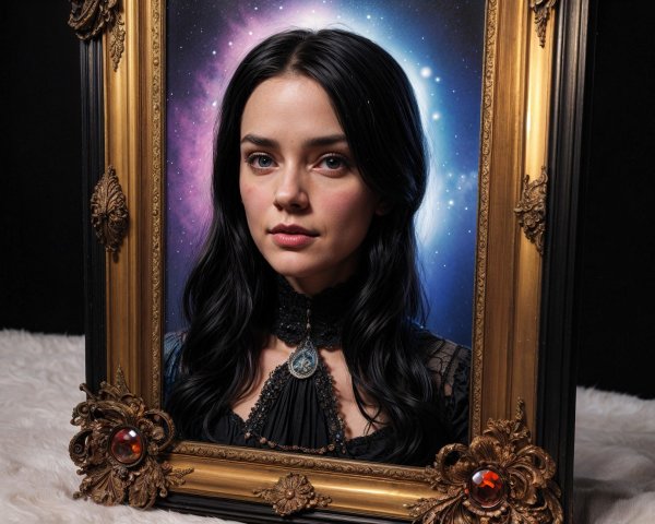 Young woman in vintage dress framed by cosmic scene