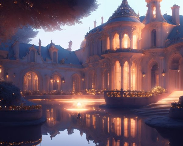 Twilight Reflection of a Mansion in a Serene Pond